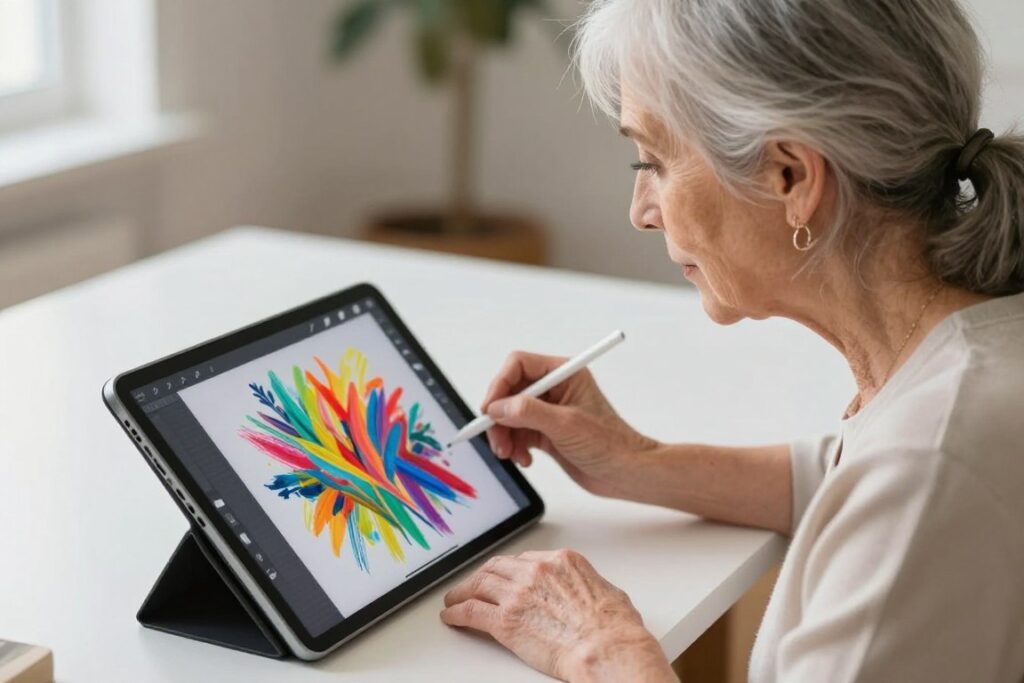 Senior woman creating digital art on a tablet, representing modern hobbies for older adults