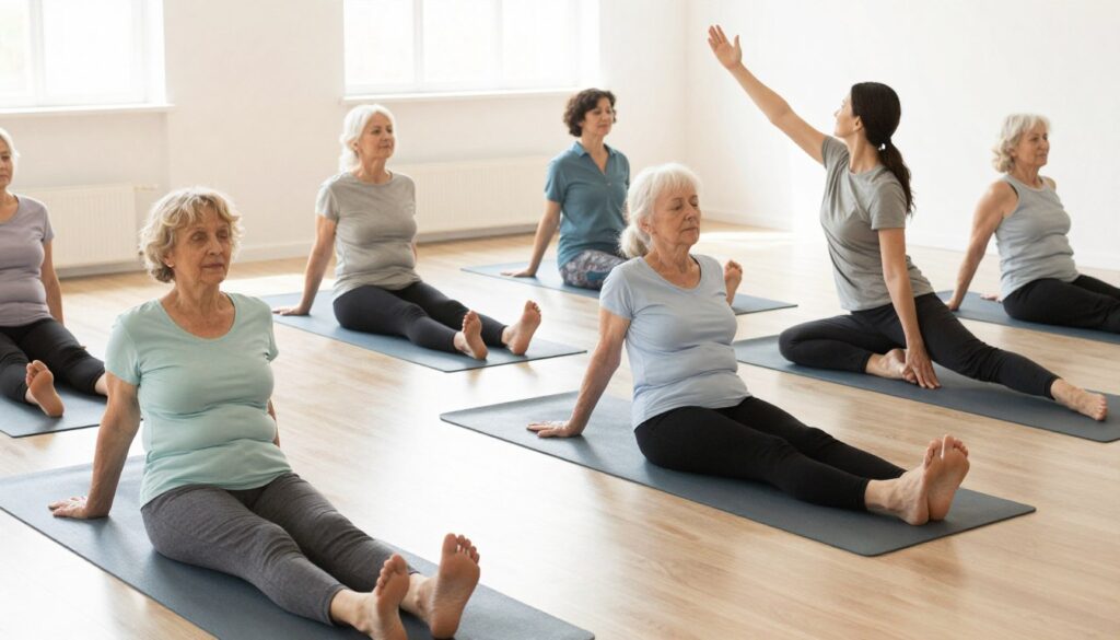 Senior yoga class with participants practicing gentle stretches for flexibility after 60