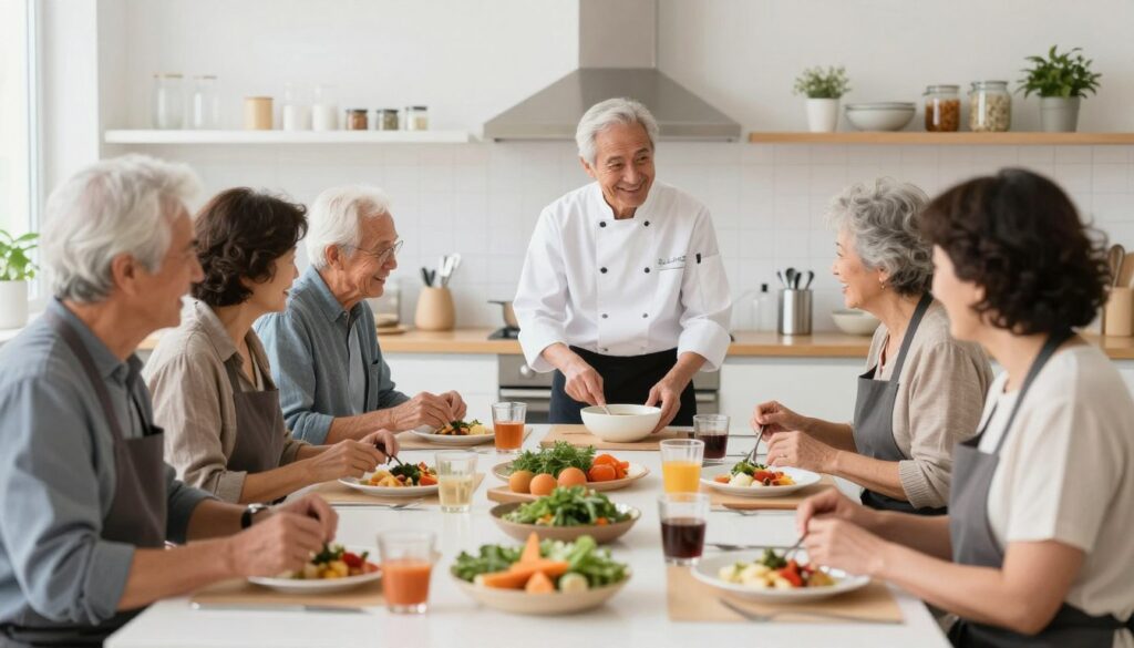 Seniors participating in a cooking class together, showing social hobbies for older adults