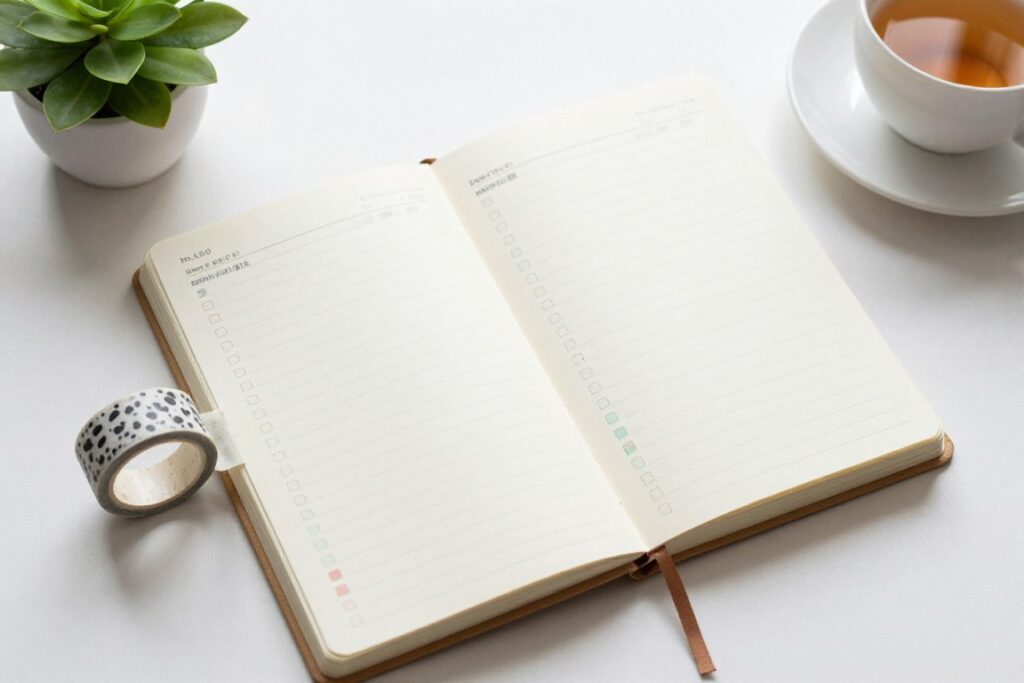 Simple budget notebook with colorful categories and a small plant nearby, representing gentle budgeting