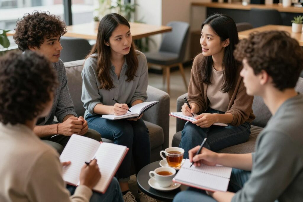 Small group of people in a casual financial discussion group with notebooks and tea