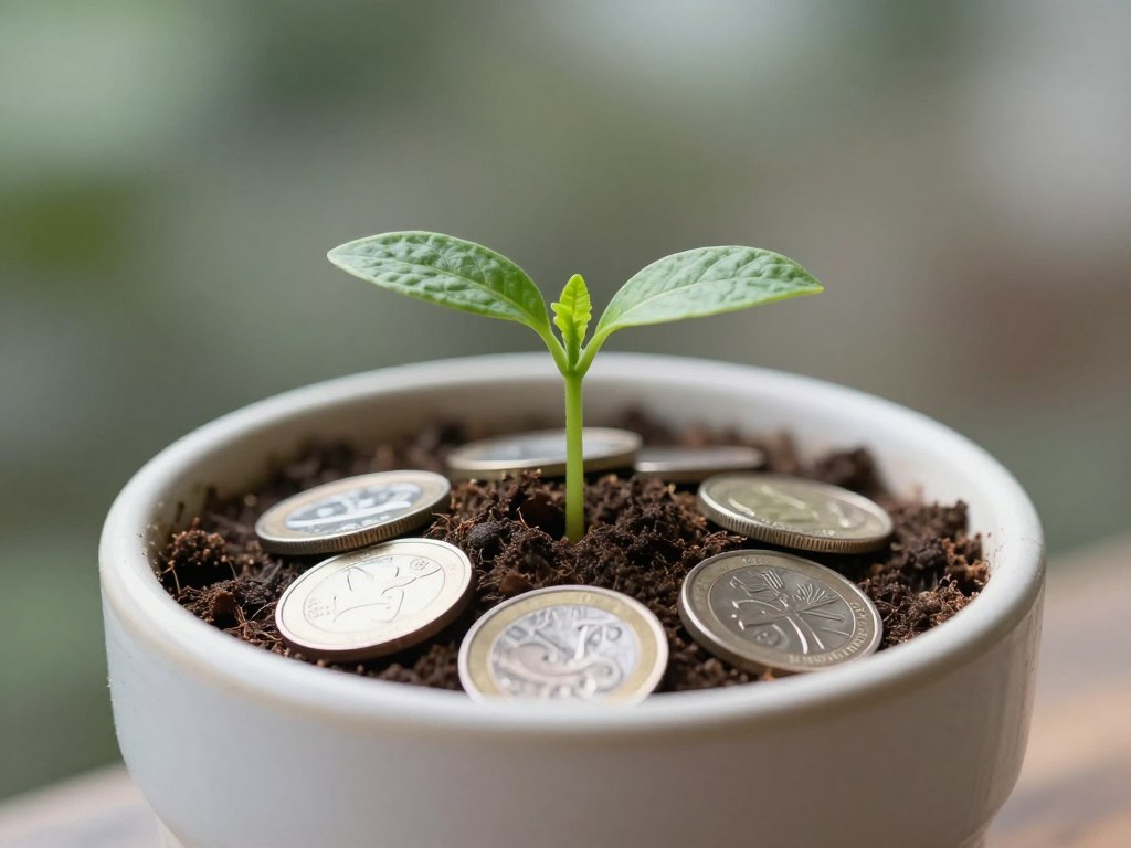 Small plant growing from coins in soil, representing gentle growth of savings over time