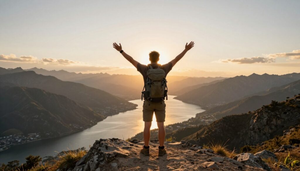 Solo traveler standing on mountain viewpoint overlooking a scenic landscape at sunset