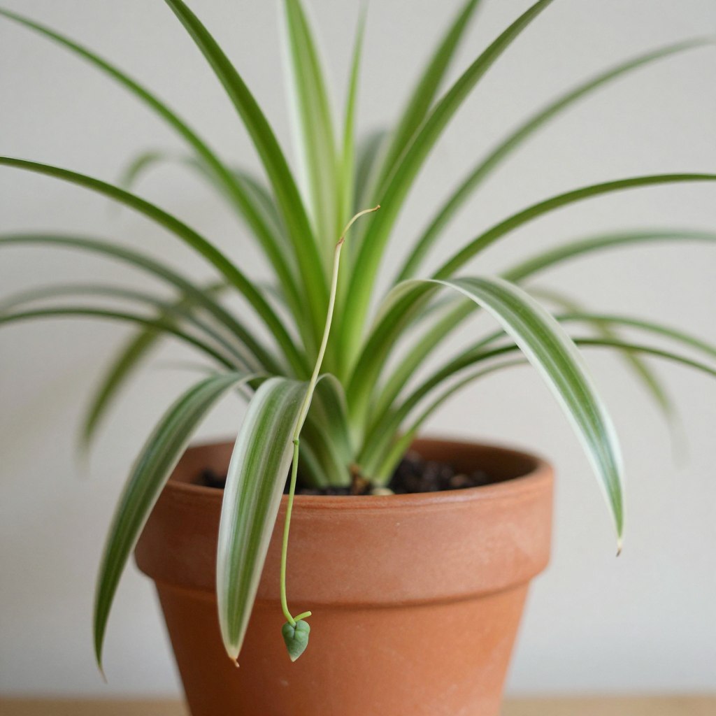 Spider Plant with arching variegated leaves and small plantlets hanging from stems
