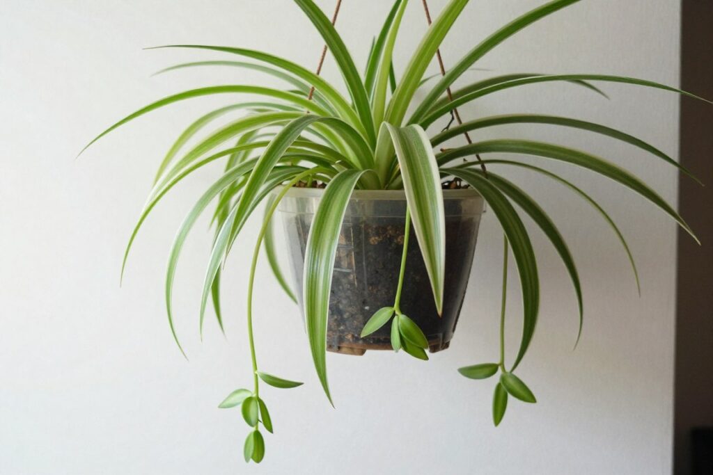 Spider plant with arching variegated leaves and baby plantlets