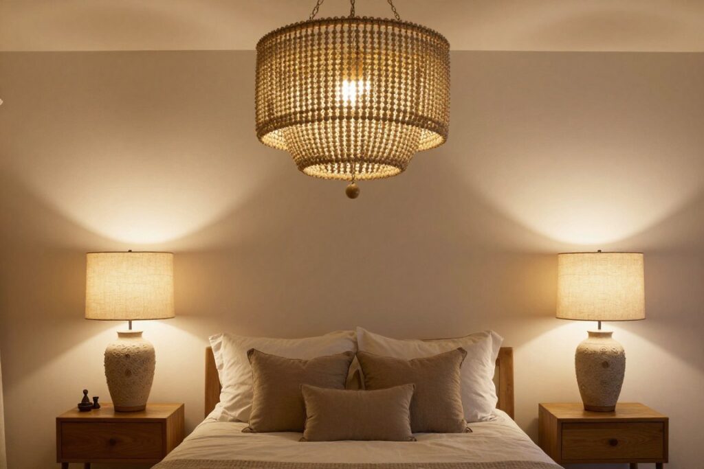 Statement lighting in an Anthropologie inspired bedroom