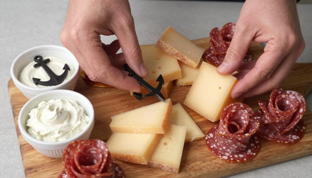 Step-by-step assembly of a Valentine's Day charcuterie board showing placement of anchor items first