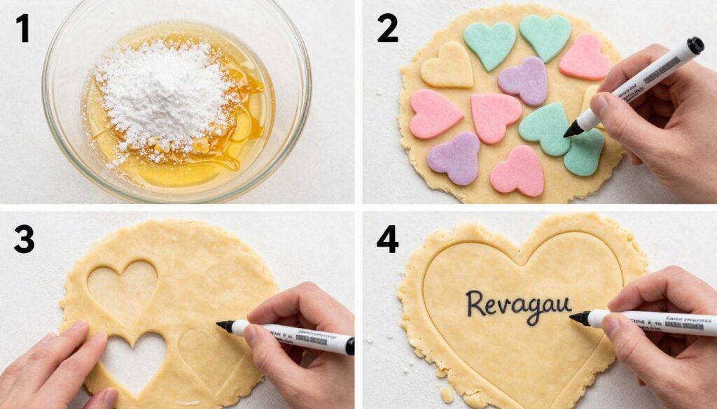 Step-by-step process of making homemade conversation hearts for Valentine's Day candy projects showing dough preparation, coloring, cutting, and writing messages