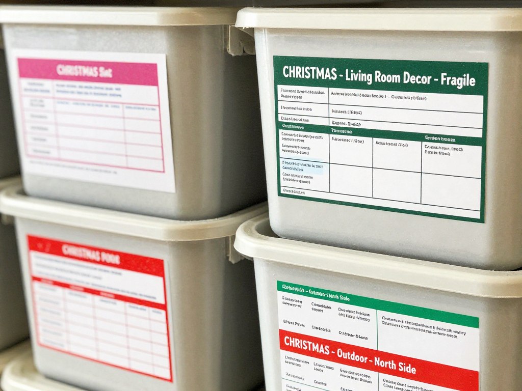 Storage bins with detailed Christmas decoration labels showing contents and location