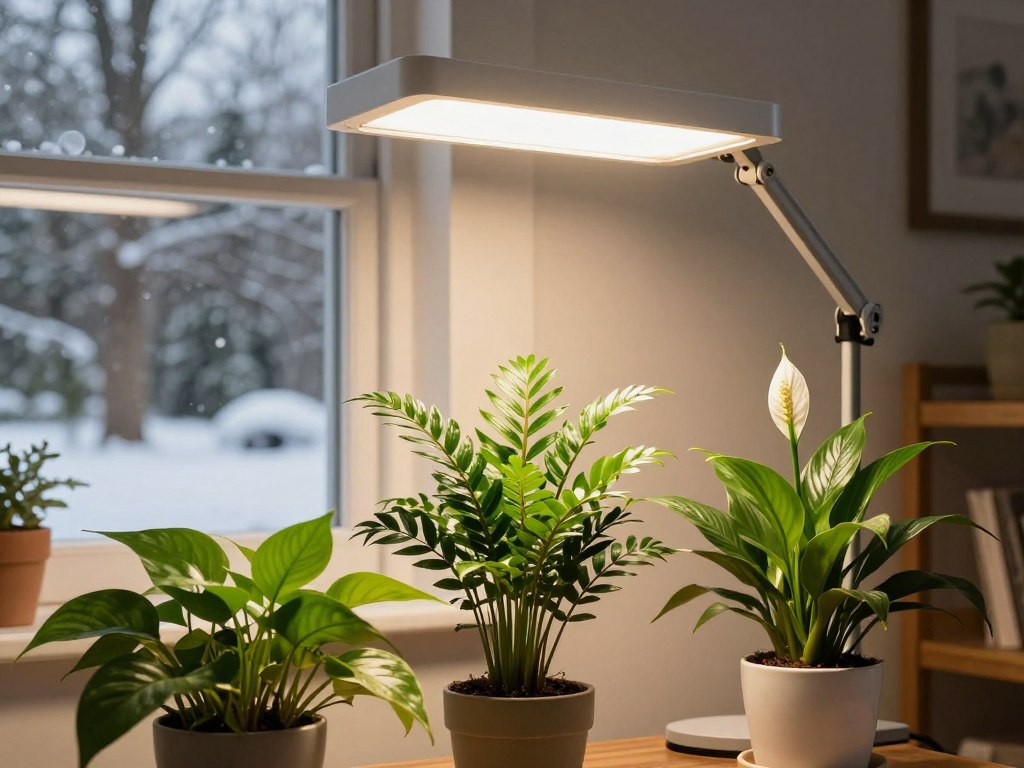 Stylish grow light setup illuminating low-light houseplants in winter