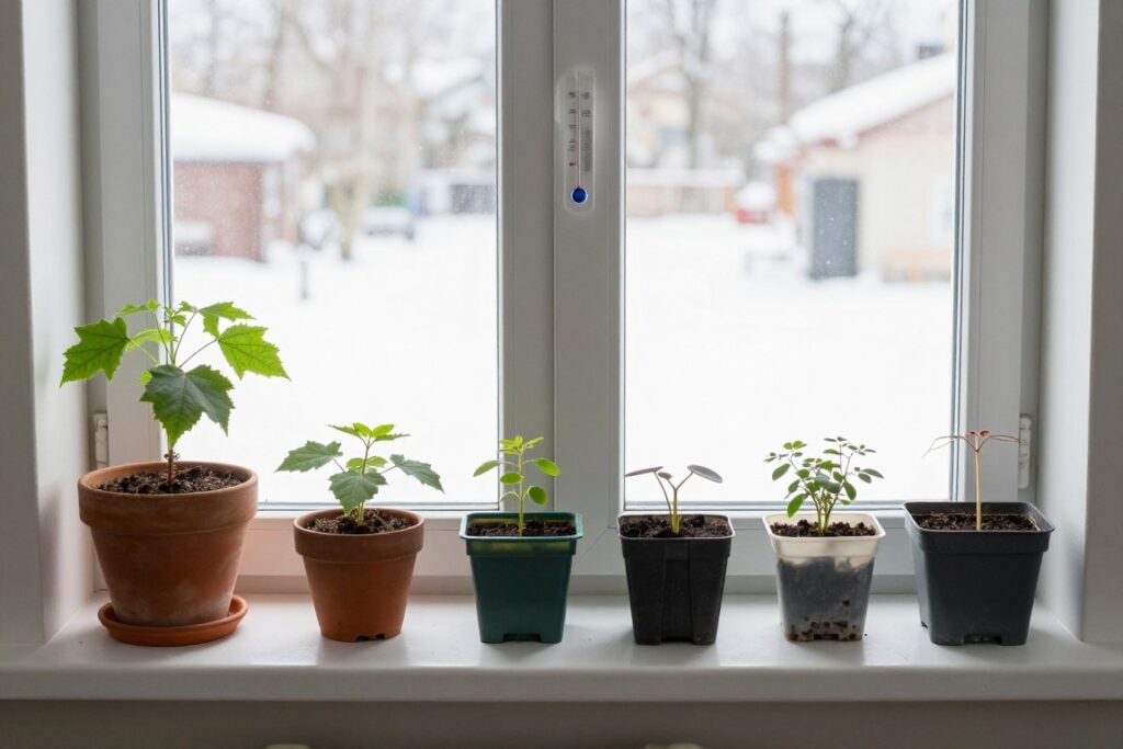 Sunny south-facing window with winter windowsill garden setup Sunny south-facing window with winter windowsill garden setup