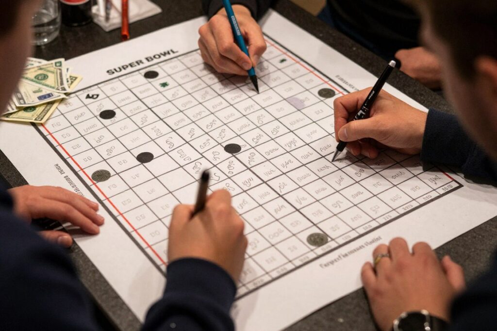 Super Bowl squares game board with people filling in numbers Super Bowl squares game board with people filling in numbers