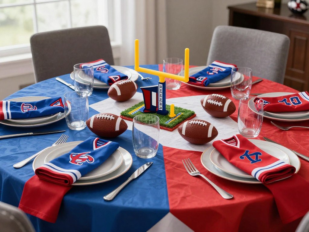 Table decorated with team jersey colors and football-themed items Table decorated with team jersey colors and football-themed items