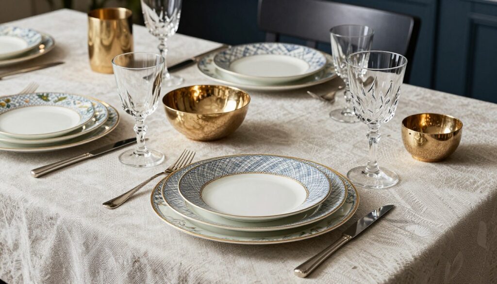 Table setting showing mixed patterns and textures with a cohesive color palette
