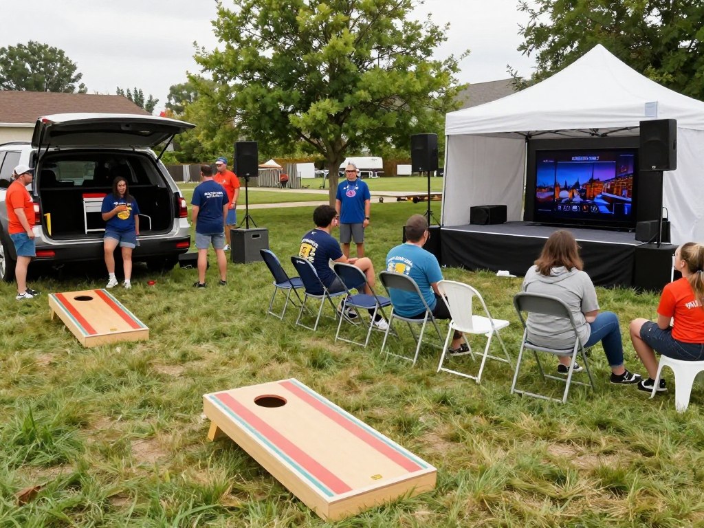 Tailgate party with multiple entertainment zones including games and TV viewing area