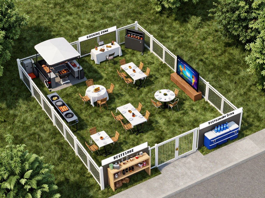 Tailgate party zones diagram showing cooking, dining, and entertainment areas