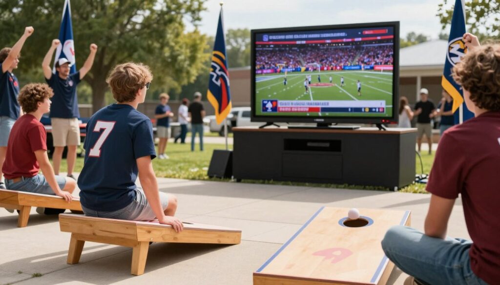 Tailgaters playing cornhole with TV showing pre-game coverage in background