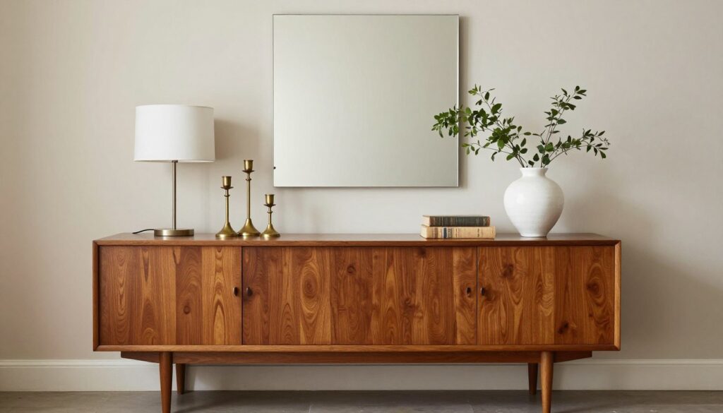 Thrifted wooden sideboard styled with modern and vintage accessories Thrifted wooden sideboard styled with modern and vintage accessories