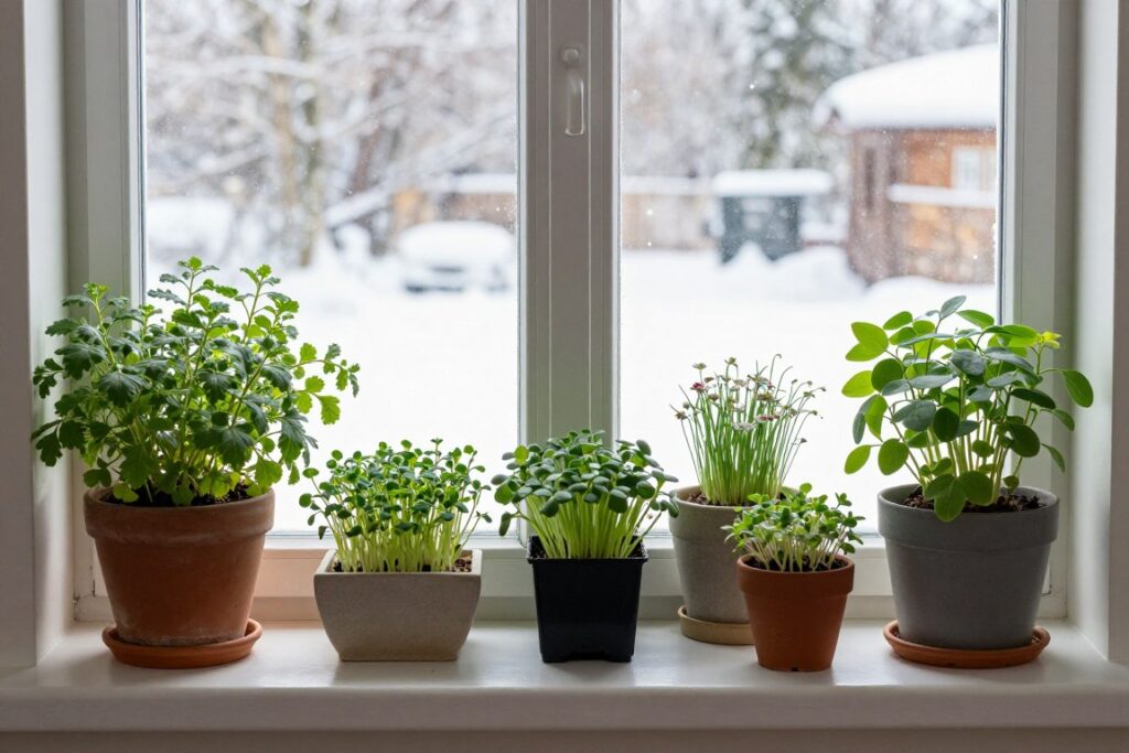 Thriving winter windowsill garden with various plants in decorative containers Thriving winter windowsill garden with various plants in decorative containers