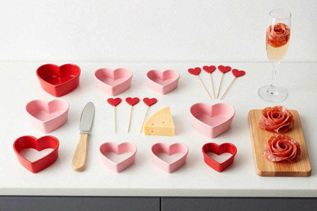 Tools for creating Valentine's Day charcuterie boards including heart-shaped cookie cutters, small bowls, and serving utensils