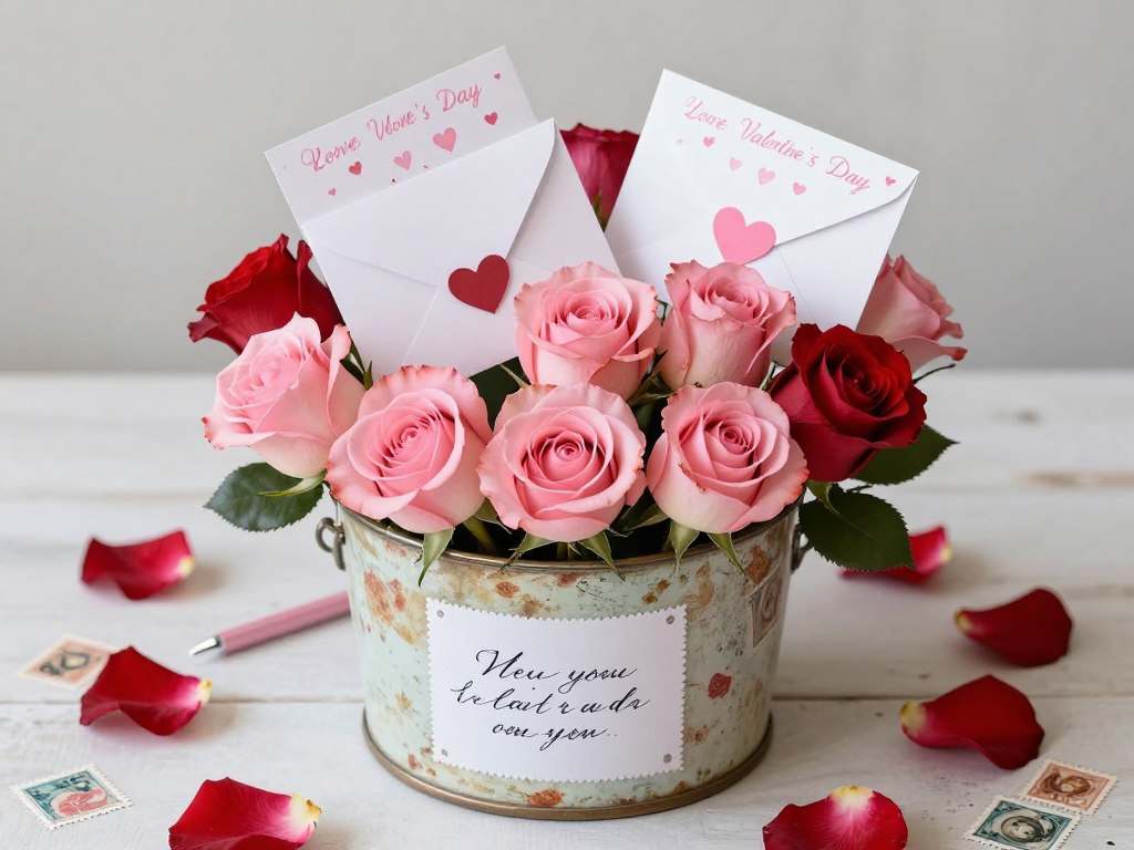 Valentine's Day centerpiece featuring roses arranged with vintage-style love letters and small envelopes