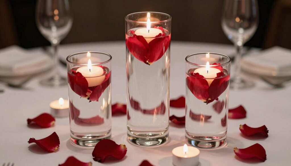 Valentine's Day centerpiece with floating candles in heart-shaped arrangements in clear glass containers