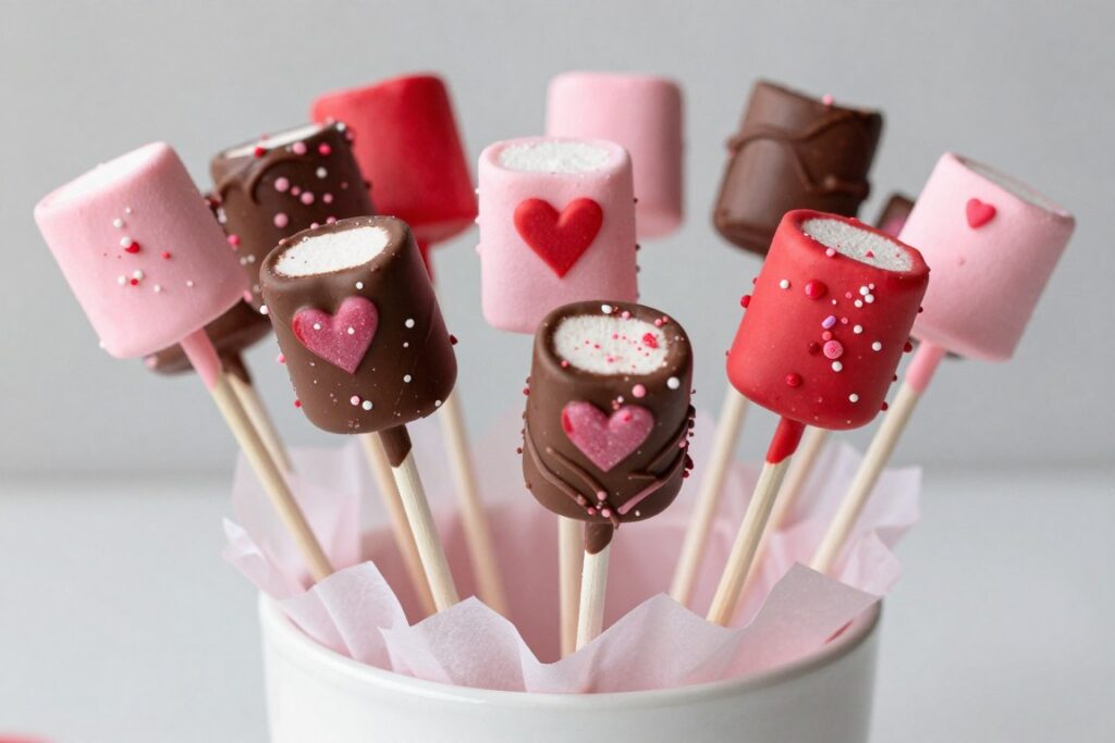 Valentine's Day marshmallow pops dipped in pink and red chocolate with heart sprinkles displayed in a decorative container