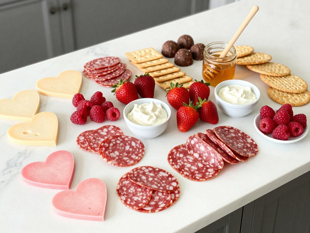 Valentine's Day themed ingredients laid out before assembly including heart-shaped cheeses, red fruits, and chocolate treats