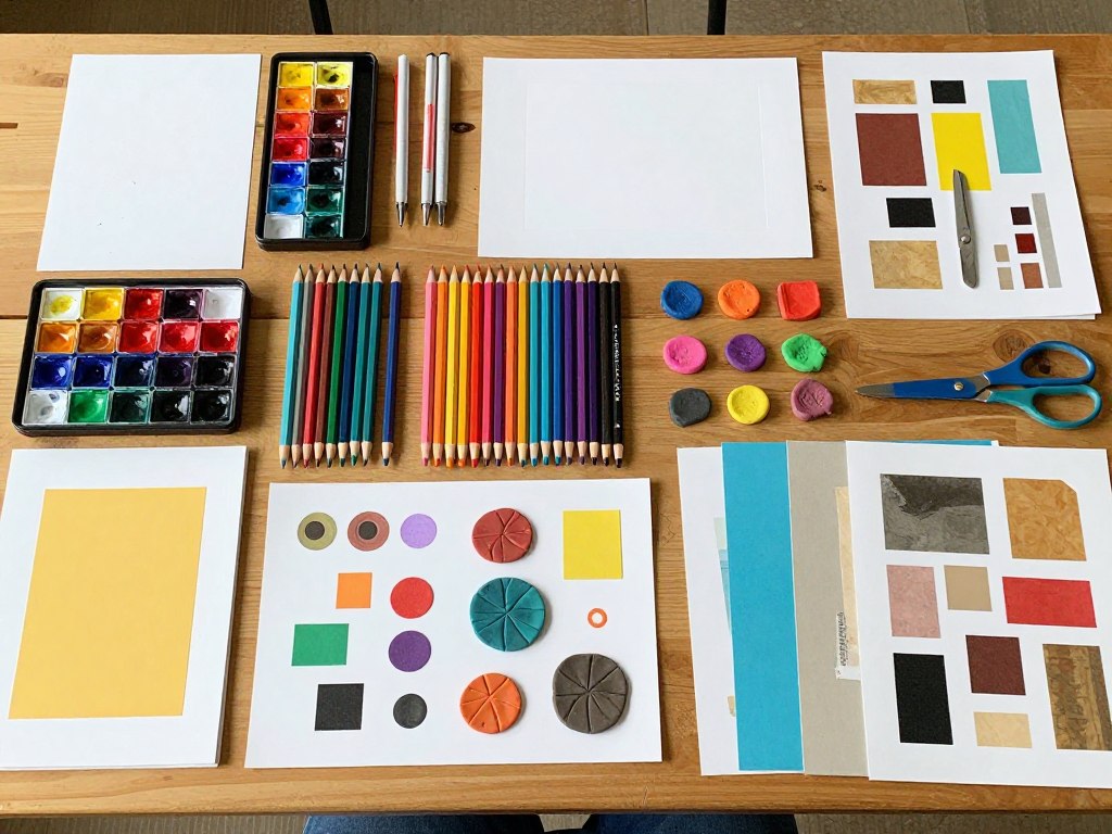 Various art therapy materials including paints, clay, and collage materials arranged on a table Various art therapy materials including paints, clay, and collage materials arranged on a table