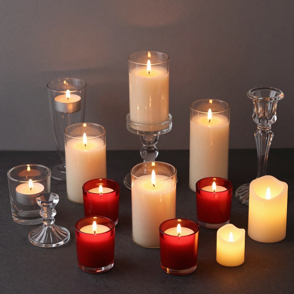 Various candles and holders for Valentine's Day centerpieces