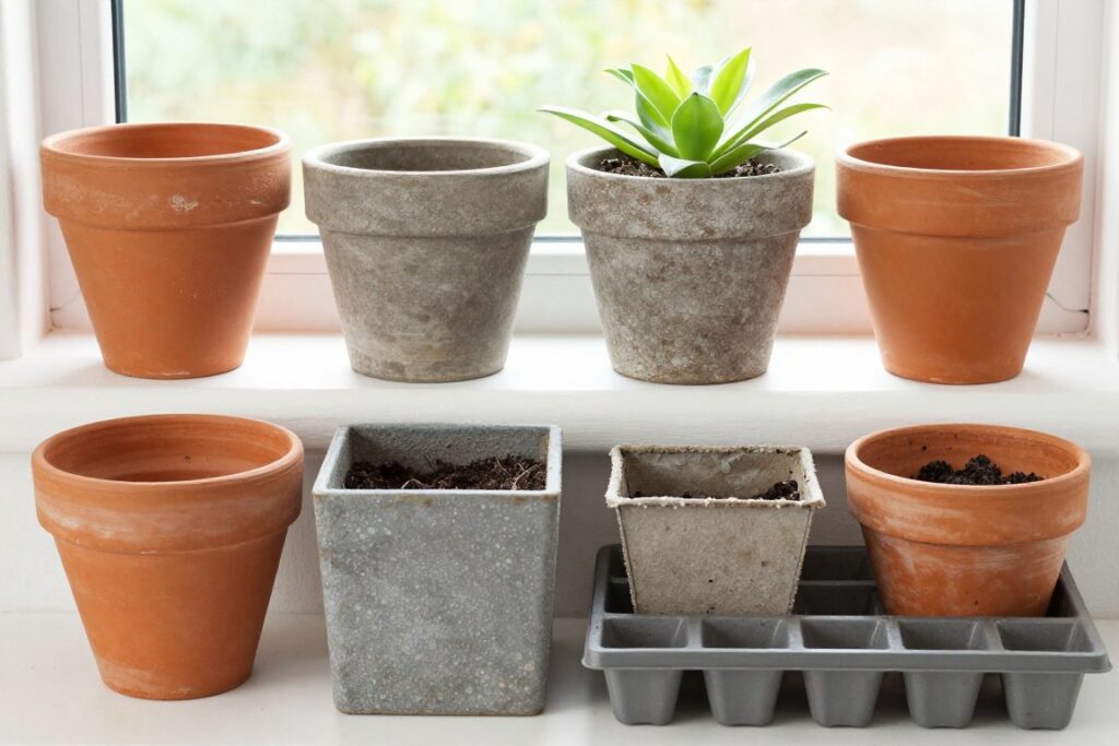 Various containers suitable for a winter windowsill garden Various containers suitable for a winter windowsill garden