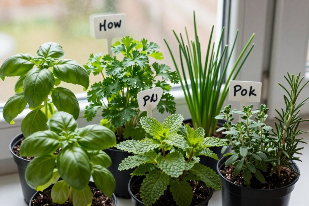 Various herbs growing in a winter windowsill garden Various herbs growing in a winter windowsill garden
