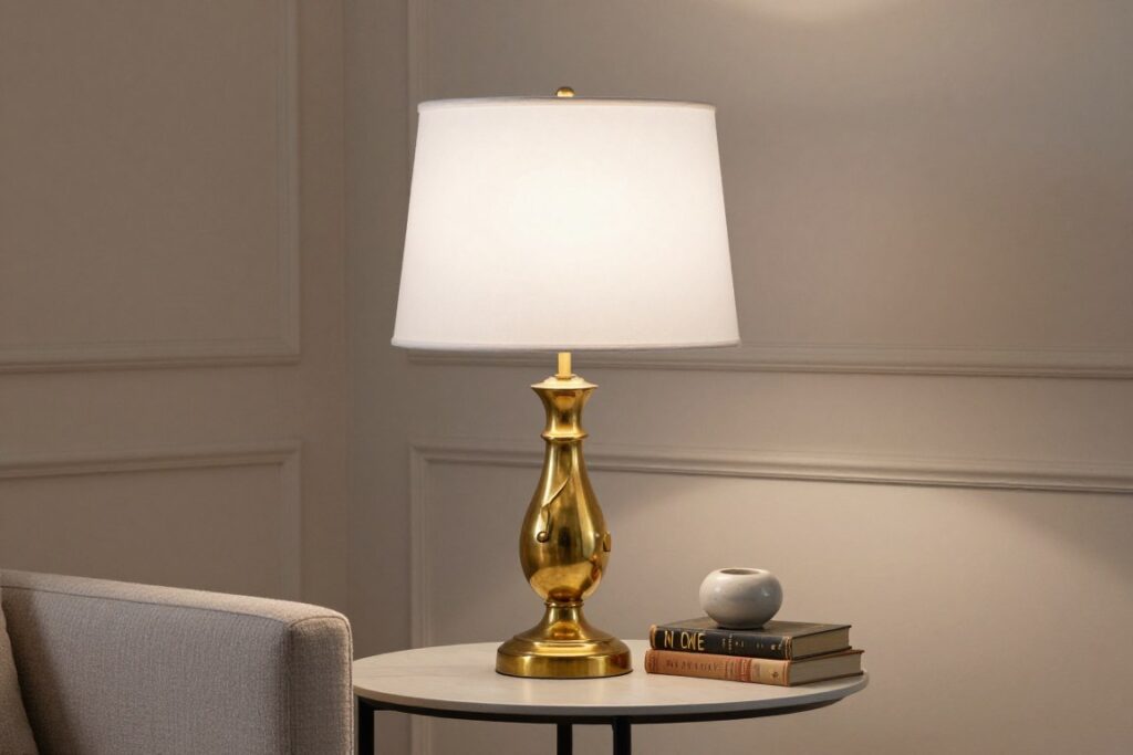 Vintage brass table lamp with modern shade in a Modern Heritage styled vignette Vintage brass table lamp with modern shade in a Modern Heritage styled vignette