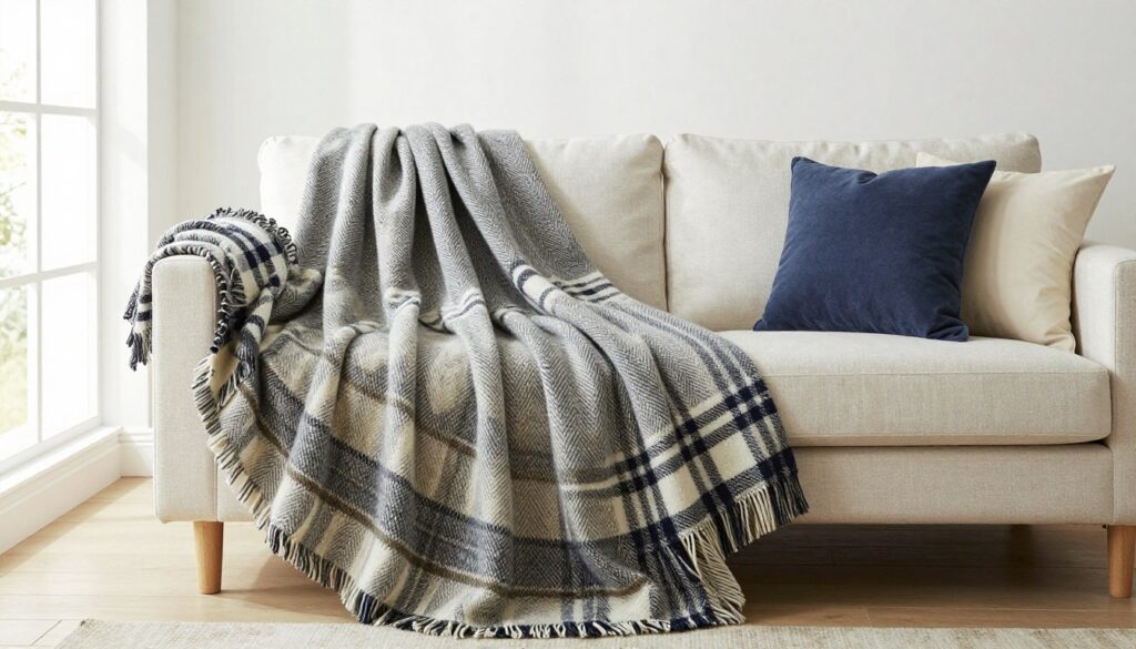Vintage wool throw blankets in subtle patterns draped over modern furniture Vintage wool throw blankets in subtle patterns draped over modern furniture