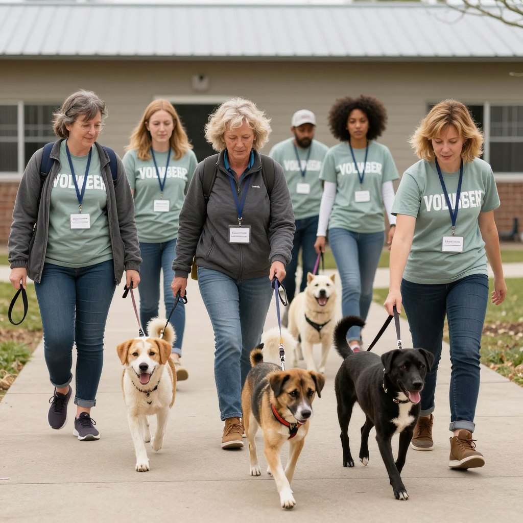 Volunteers walking dogs at a pet rescue shelter