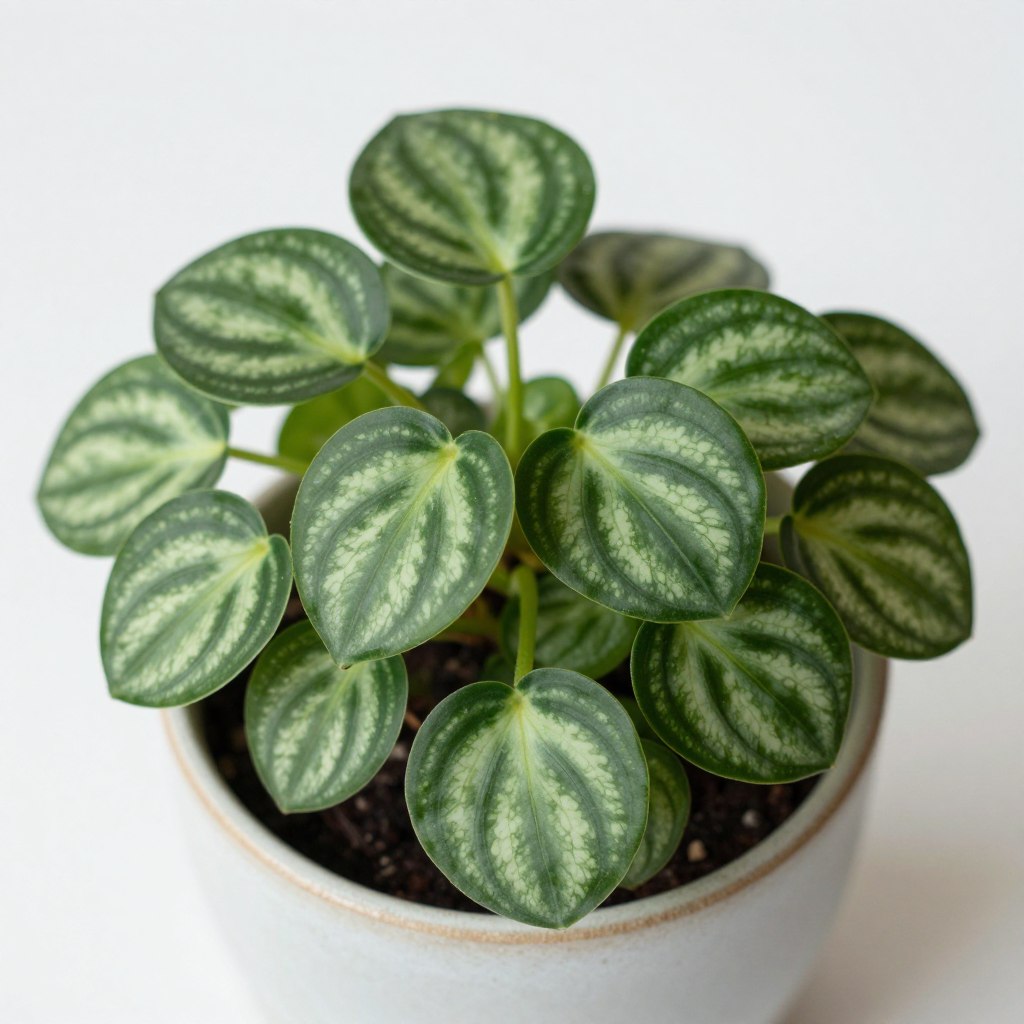 Watermelon Peperomia with round, striped leaves resembling watermelon patterns