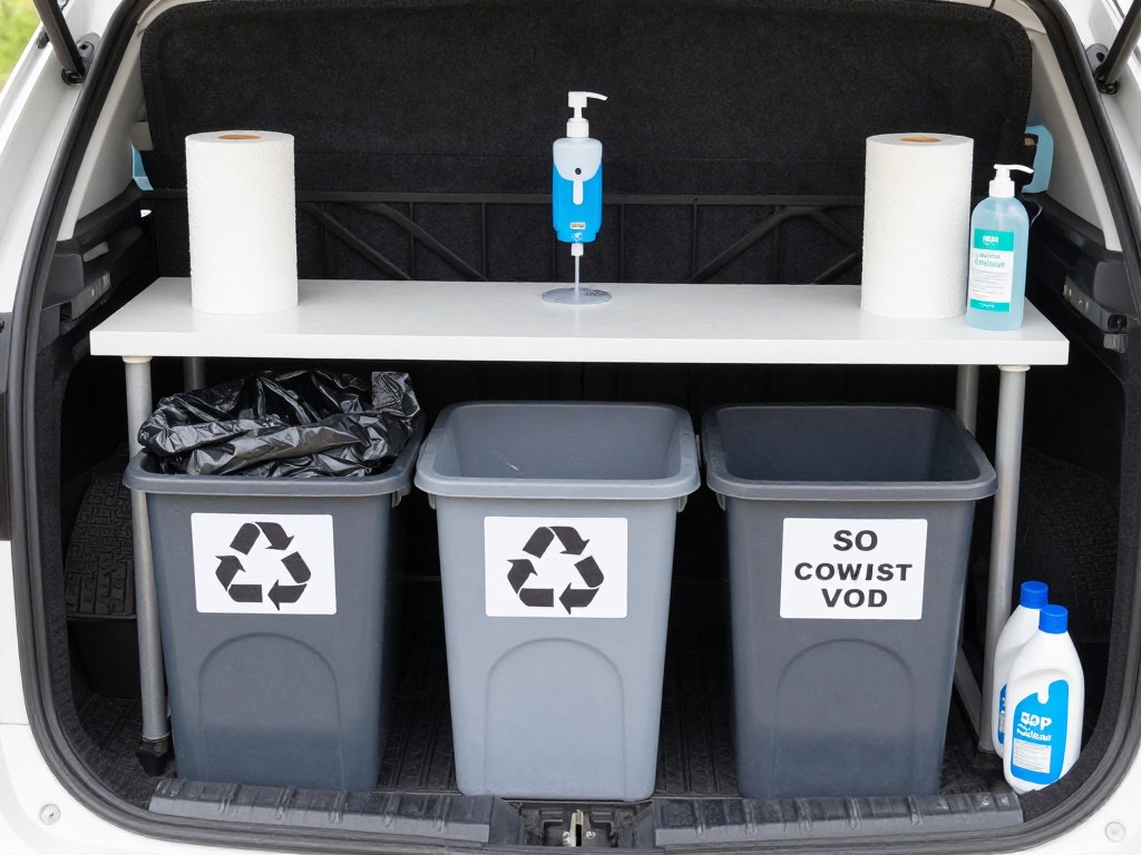Well-organized tailgate cleanup station with trash and recycling bins