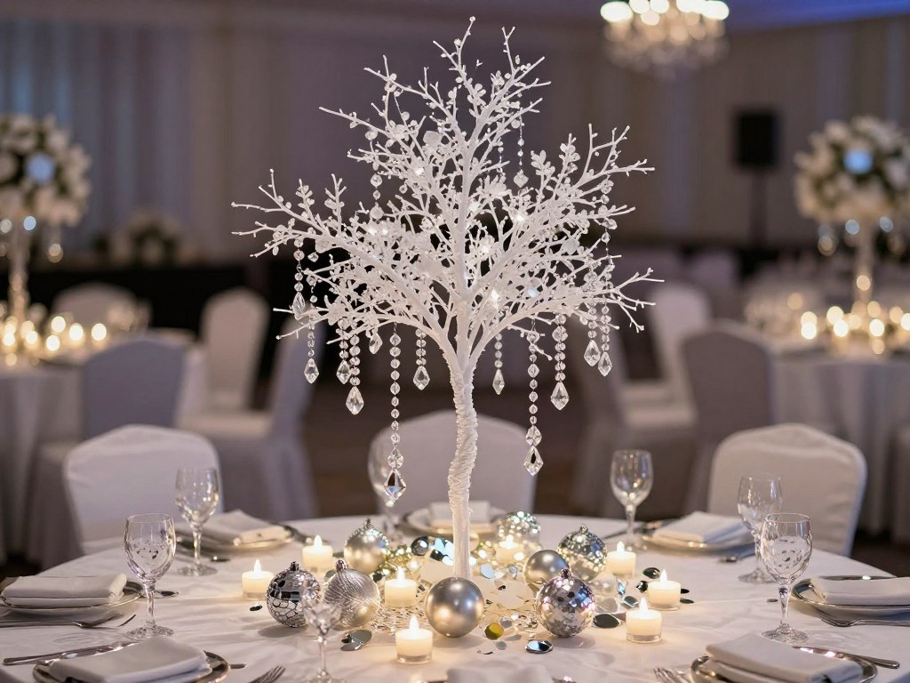 Winter Wonderland themed table centerpiece with white branches, crystal elements, and LED lights Winter Wonderland themed table centerpiece with white branches, crystal elements, and LED lights