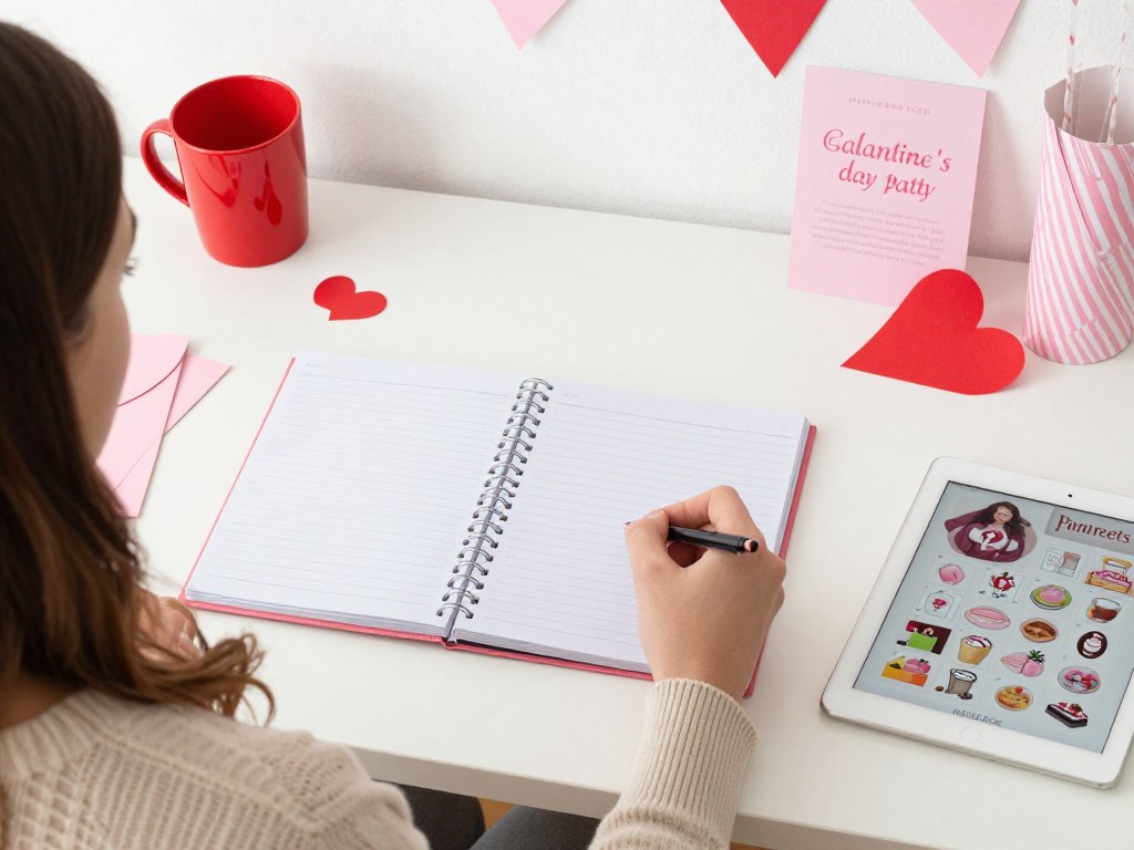 Woman planning a Galentine's Day party with notebook and decorations