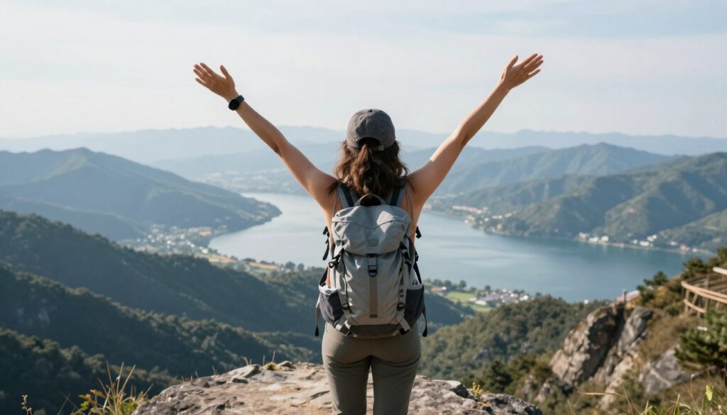 Woman solo traveler standing on mountain overlook with arms raised in triumph