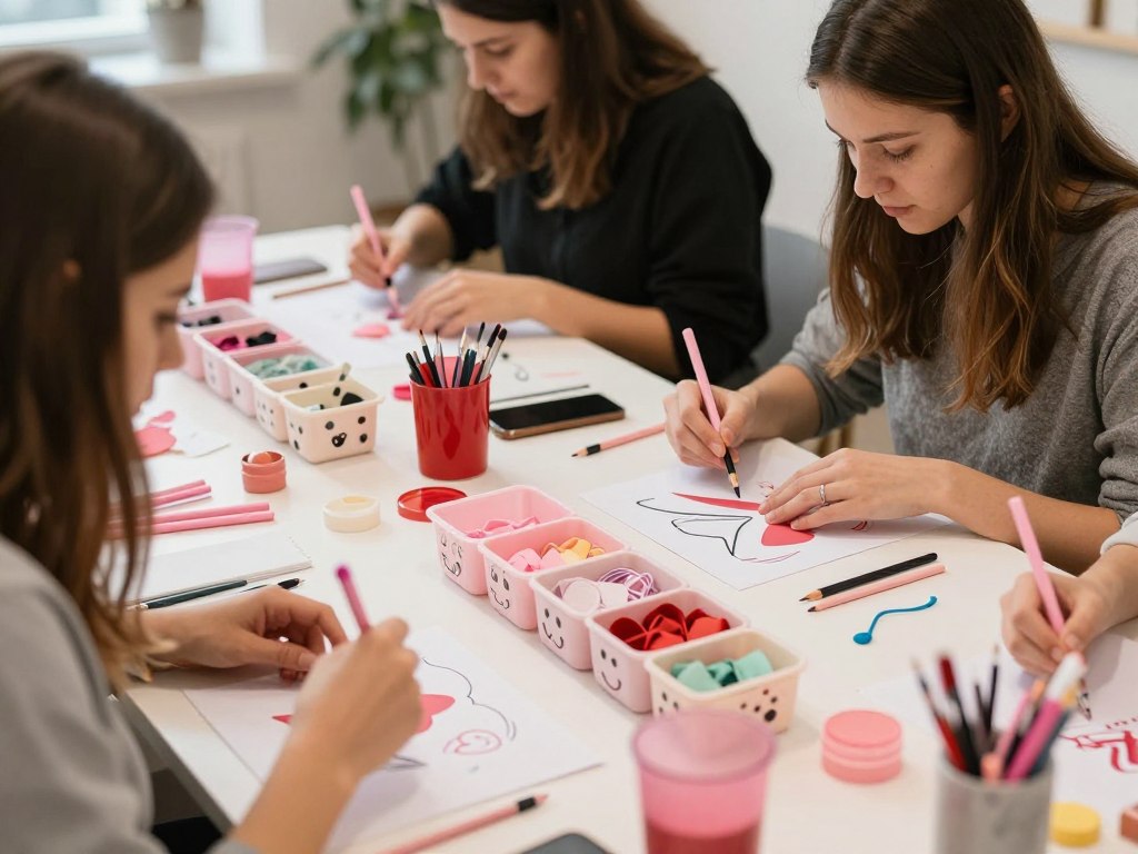 Women creating at a DIY craft station during Galentine's Day Women creating at a DIY craft station during Galentine's Day
