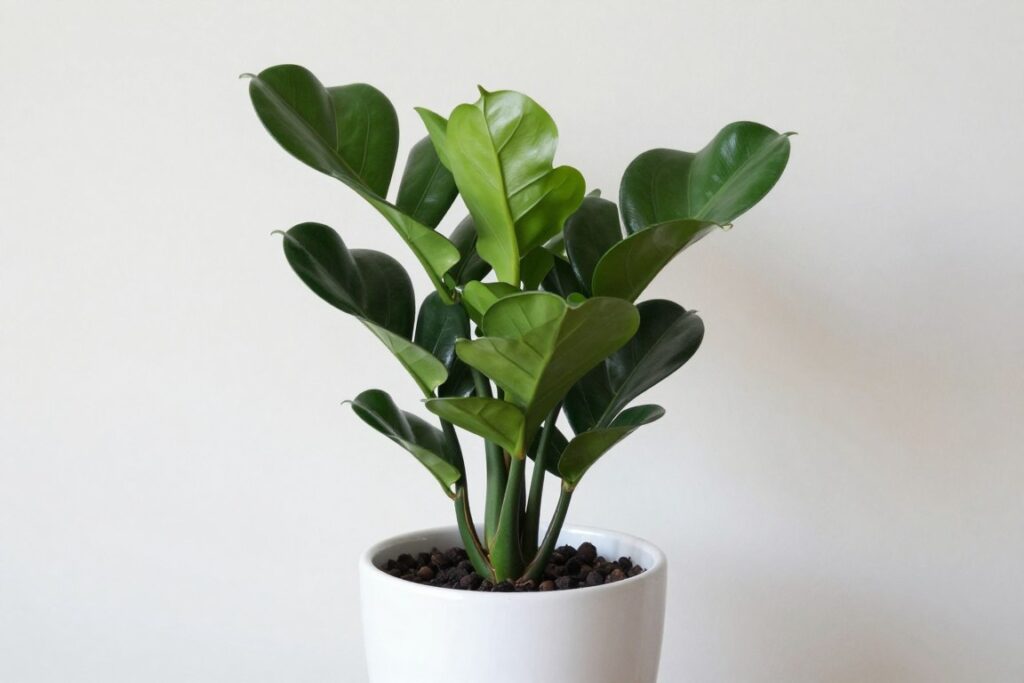 ZZ plant with glossy, dark green leaves in a modern pot