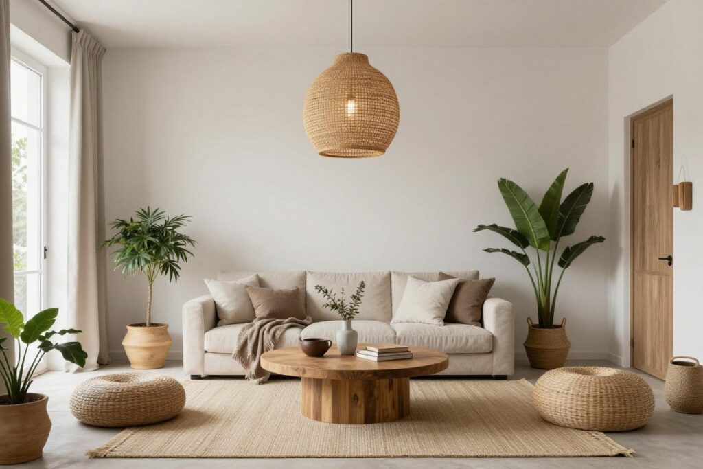 Zen Bohemian interior with minimal elements and natural materials