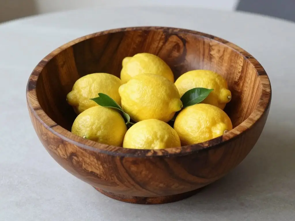 Antique wooden dough bowl styled as modern centerpiece