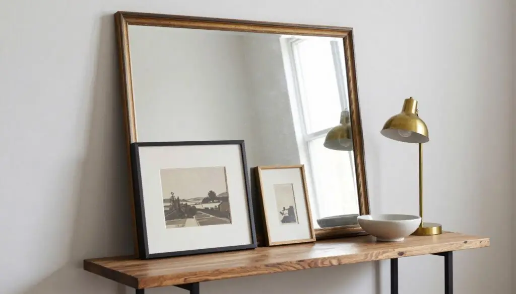 Artwork and mirrors leaned casually against wall on console table