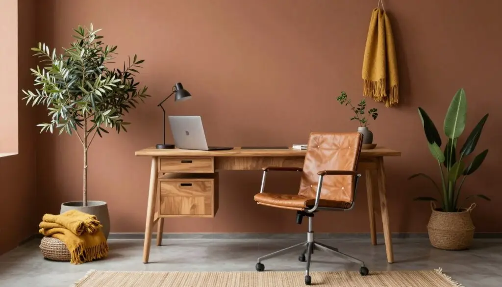Boho office with warm earth tone color palette