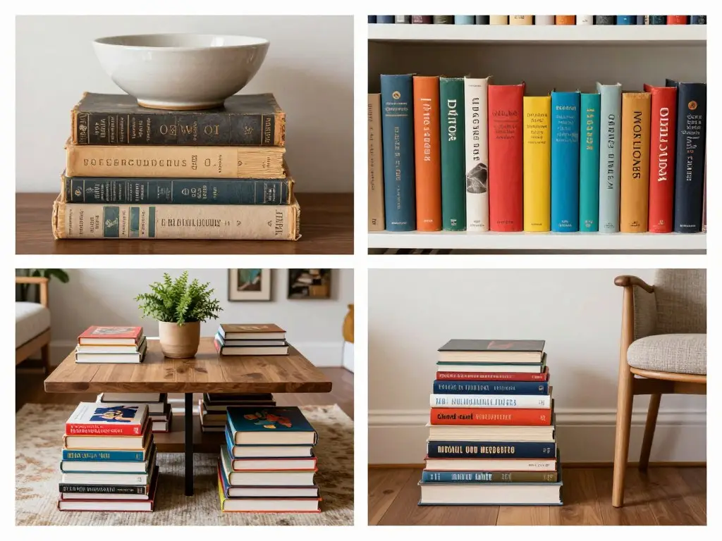 Books styled throughout room in various creative ways