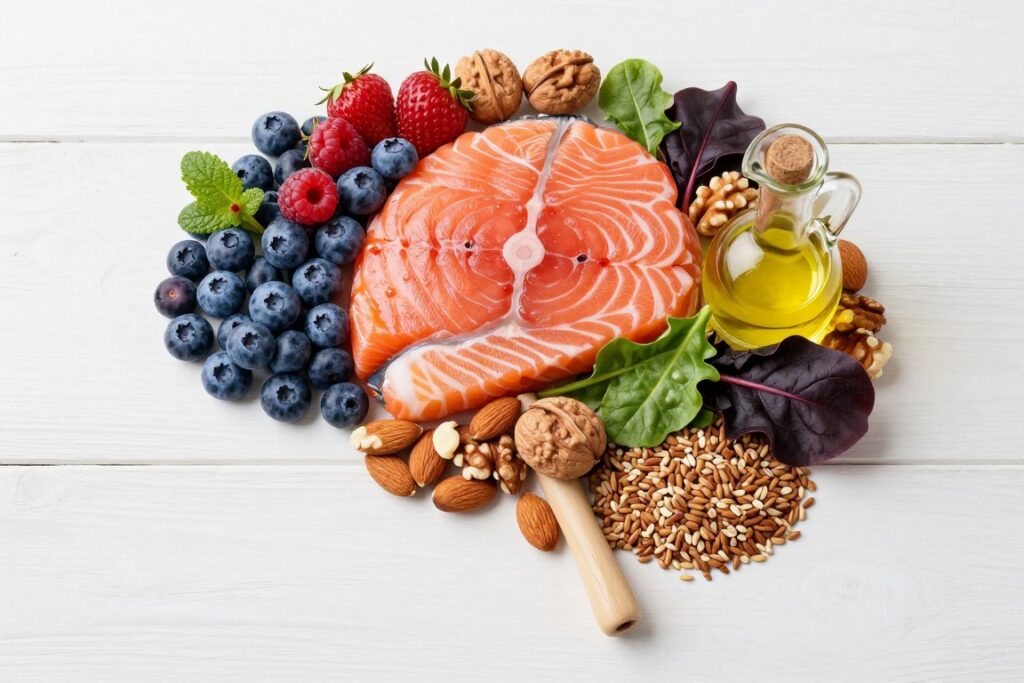 Brain-healthy foods including berries, fish, nuts, and leafy greens arranged in a brain shape