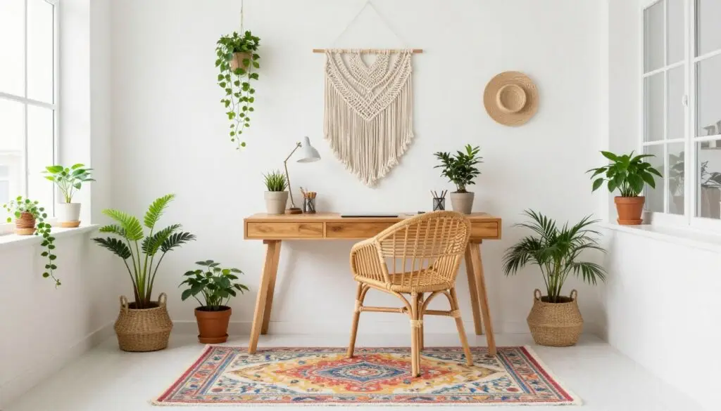 Bright boho office with macramé wall hanging, rattan chair, and plenty of plants