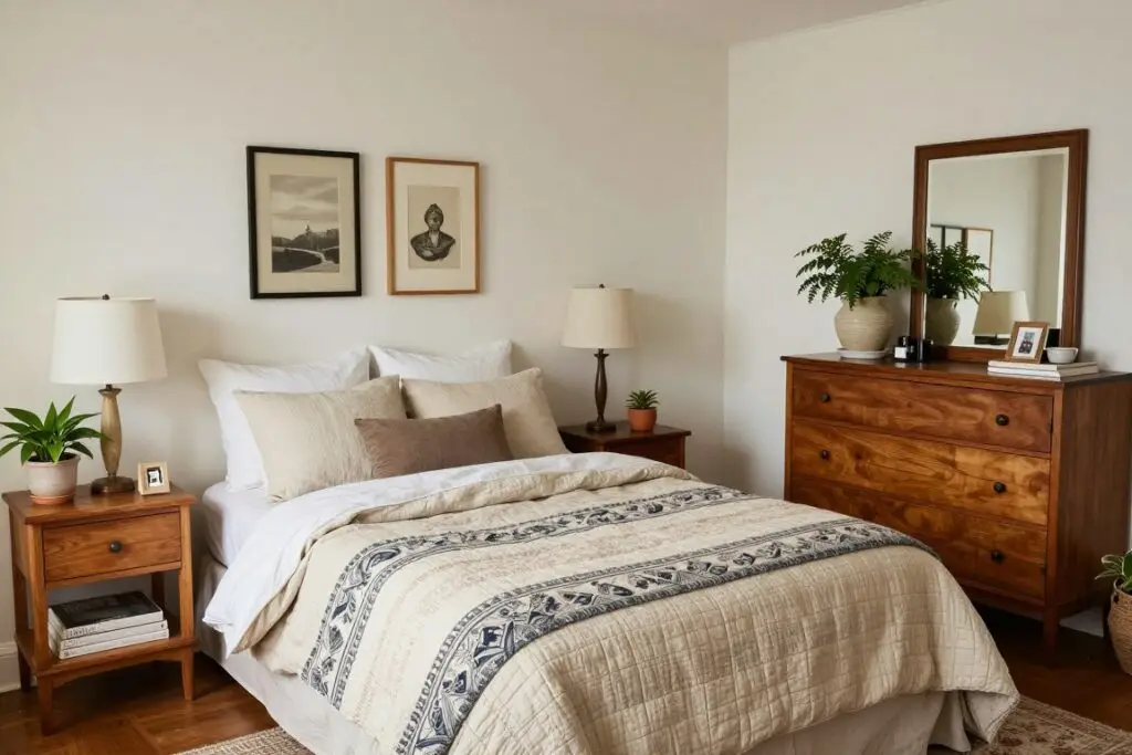 Collected bedroom with layered textiles and mixed furniture styles